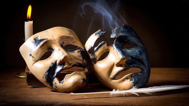 comedy. Broken comedy and tragedy masks on a wooden table, burnt candle and quill. symbolizing life milestones and joyful moments.