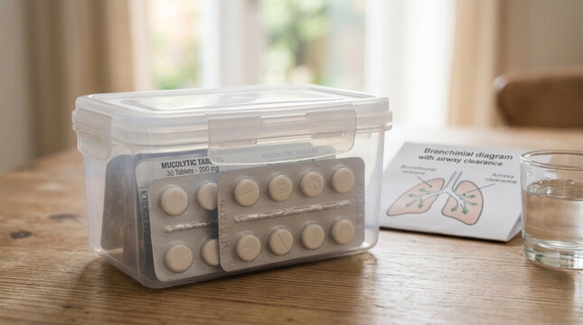Pill organizer box with medication blisters a glass of water and a medical diagram on a wooden table