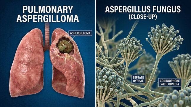 Pulmonary Aspergilloma in Lungs and Close up of Aspergillus Fungus Microscopic View
