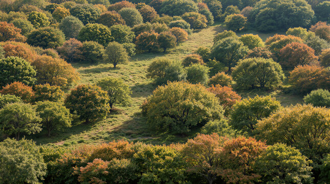 Autumn hillside landscape featuring diverse trees with changing foliage creating a patchwork pattern visible from a distance
