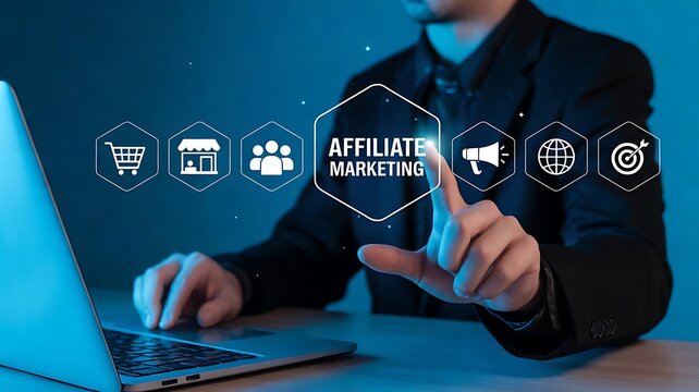 Businessman interacting with affiliate marketing digital interface and icons on laptop