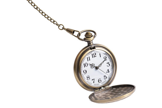 Vintage brass pocket watch with chain on white background