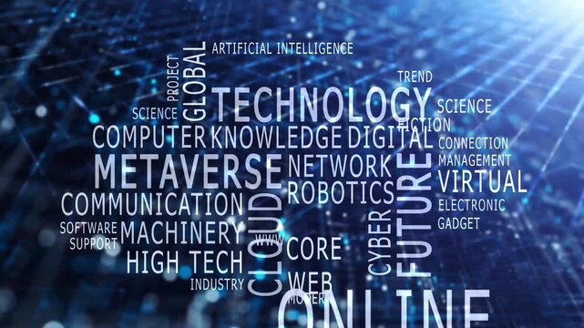 Word cloud concept technology on digital data lines network looping animation background.