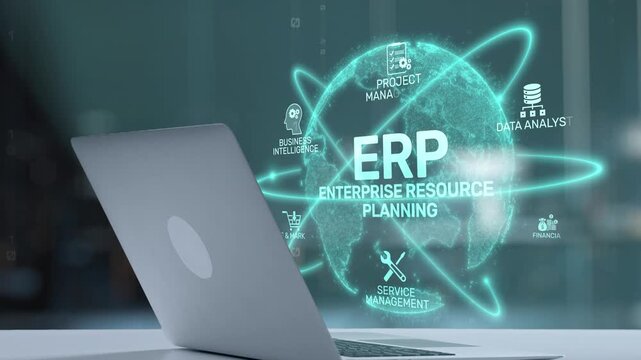 A modern laptop displays a digital interface for enterprise resource planning, showcasing various icons related to project management, data analysis, and financial processes. Salient