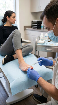 Podiatrist Injecting Patients Toe in Medical Clinic
