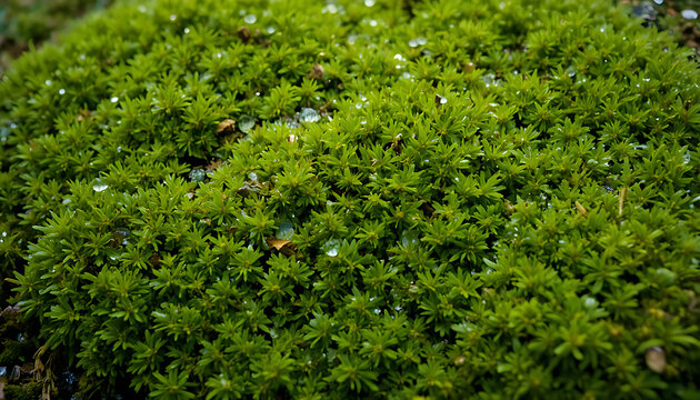Dew drops glistening on a dense patch of green moss