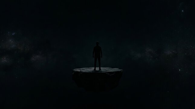 Man silhouette standing on floating rock island in deep space galaxy