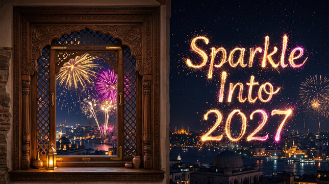 Fireworks display viewed through an ornate wooden lattice window at night with glowing text overlay with fireworks illuminate dark through intricate carved skyline seen with over city skyline
