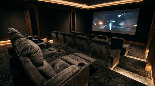 Modern luxury home theater interior with comfortable reclining seats and large projection screen