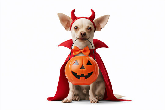 Chihuahua wearing red devil costume hold carved pumpkin with mini pumpkins