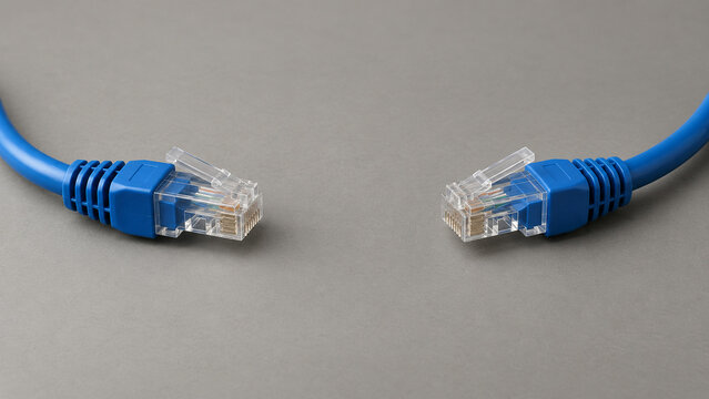 Disconnected blue network cable plugs on a warm gray surface