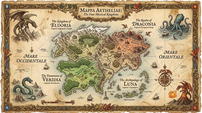 Vintage Fantasy World Map Of Four Mystical Kingdoms