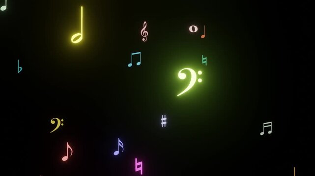 Musical flying out music notes audio pulse beats 10 seconds animation screensaver visualiser motion graphics HD video  black background