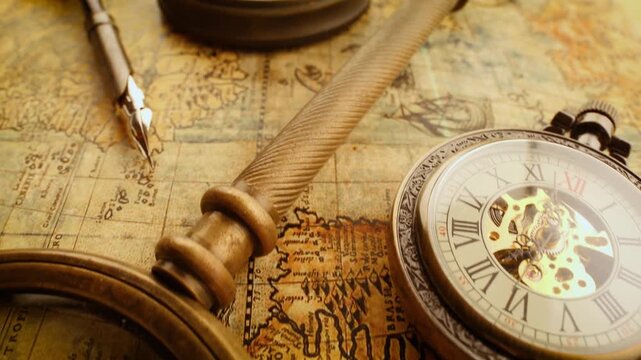 Vintage nautical navigation tools arranged on antique world map for historical travel and discovery concept.