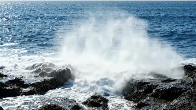 Powerful ocean waves crash against rocky shore with white spray
