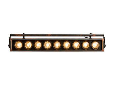 Industrial style linear ceiling light fixture with ten warm led spotlights isolated on transparent background