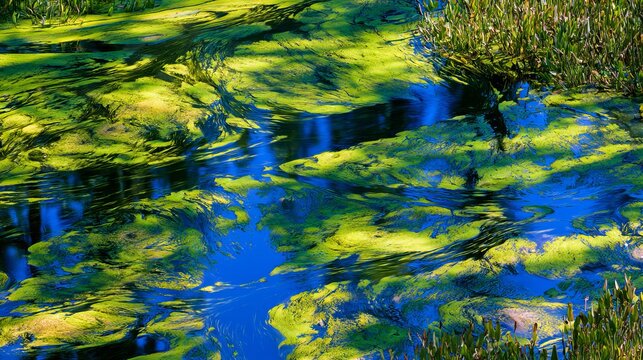 Natural abstract patterns of vivid green algae and blue green pond water, creating organic shapes, flowing textures and aquatic surface details that illustrate nature, ecology and environmental beauty