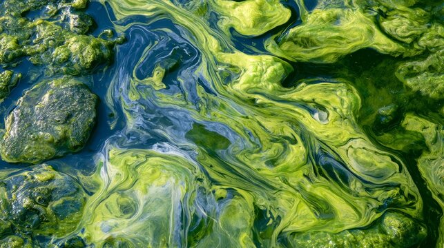 Natural abstract patterns of vivid green algae and blue green pond water, creating organic shapes, flowing textures and aquatic surface details that illustrate nature, ecology and environmental beauty