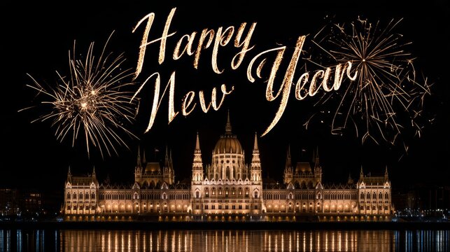 Happy New Year sparkler with fireworks elements above the Parliament Building in Budapest, Hungary, celebrating New Year, holiday festivities, celebration, travel and European architecture
