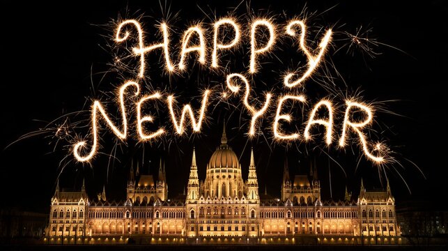 Happy New Year sparkler with fireworks elements above the Parliament Building in Budapest, Hungary, celebrating New Year, holiday festivities, celebration, travel and European architecture