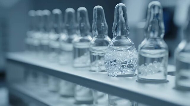 Sealed glass ampoules holding clear liquid in laboratory setting