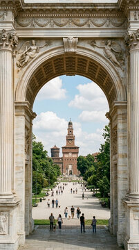 Milans Arco della Pace framing Sforza Castle in Parco Sempione Italy sunny day with clouds