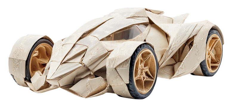Car crafted from folded paper origami with paper roll wheels showcases intricate design and creativity. detailed structure and unique materials highlight artistic innovation., isolated