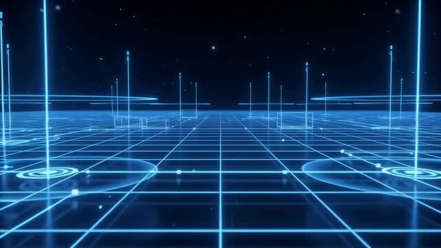 Futuristic blue wireframe city grid in cyberspace