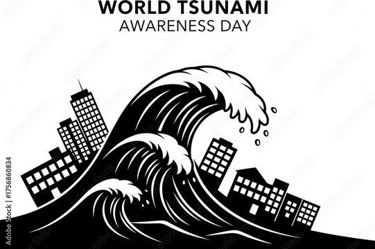 Black and White World Tsunami Awareness Day 2026 Vector Illustration with Giant Wave Crashing Over City Skyline.