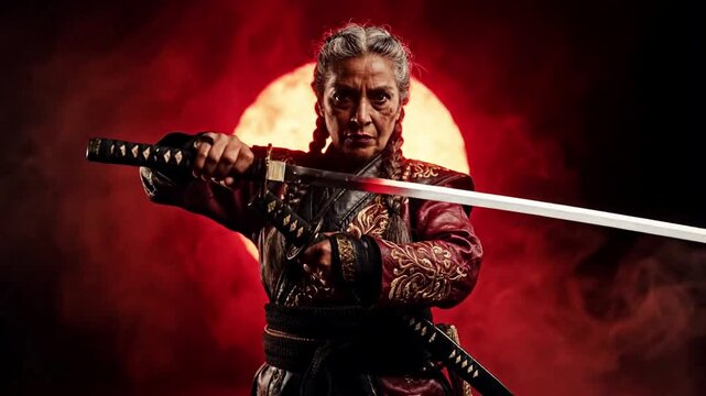 Dramatic cinematic portrait of a brave senior female warrior in traditional armored costume unsheathing a Japanese katana sword, backed by a glowing red full moon and smoke effects