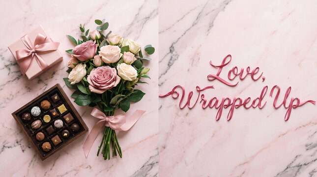 A bouquet of pink and white roses with a box of chocolates on marble surface with flat lay arrangement bouquet roses gift box assorted gift wrapped still life confectionery