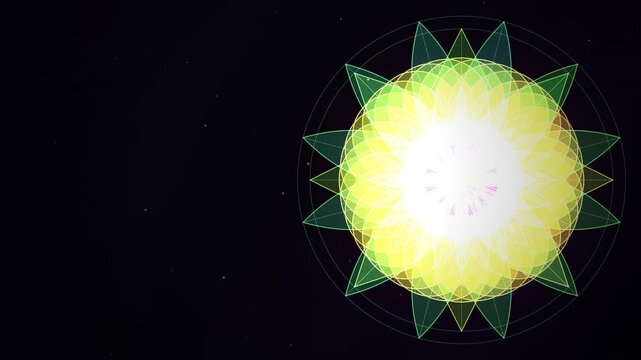 Pink and yellow geometric mandala pattern on dark background