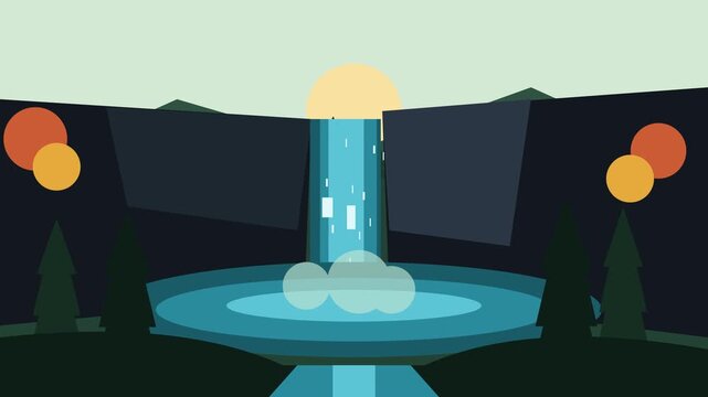Minimalist waterfall landscape with sun and trees in flat design