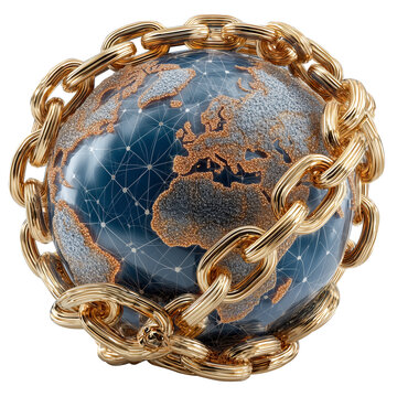 Globe wrapped in golden chains symbolizes global connectivity and security, with network of glowing nodes and lines representing unbreakable links., isolated