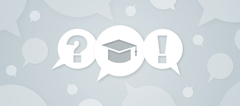 A conceptual graphic for website FAQ sections, featuring speech bubbles with a question mark, graduation cap, and exclamation mark on a light background.