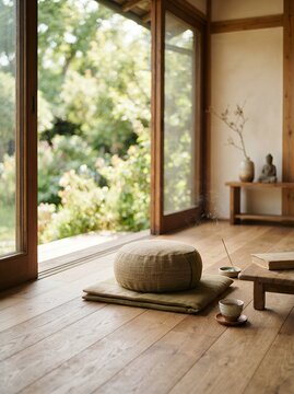 Serene Japanese Room with Open Doors to Lush Green Garden.