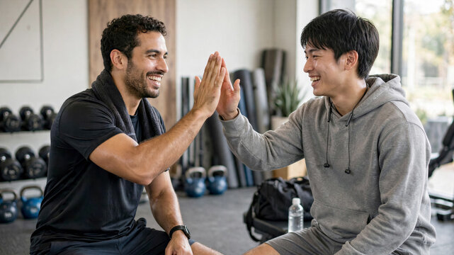 Positive high five between Hispanic trainer and Japanese male client after set