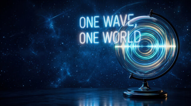 A glowing glass globe with concentric sound waves and neon text against a starry background with globe displays illuminated floating dark space sound wave rings transparent glass
