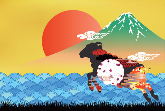 富士山と伝統的な和柄で装飾された動物のシルエットが描かれた日本風のデザイン