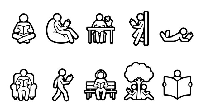 Minimalist reading icons set showing people reading books, line art stick figures studying, educational reader pictograms for literacy design