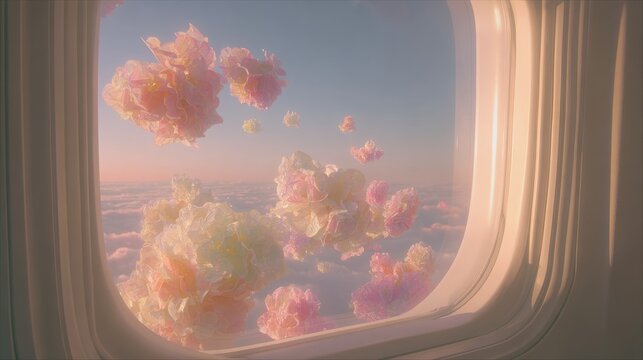 The realistic interior of an airplane flying through the sky. Outside the airplane window, colorful and soft pastel-toned flowers float high in the air instead of clouds.