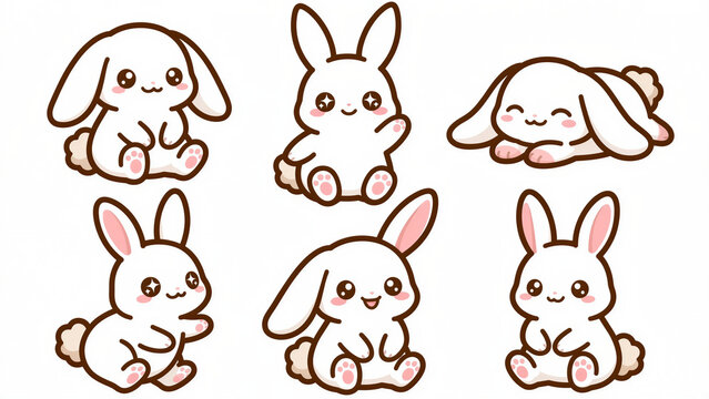 A little white rabbit in various cute poses, such as sitting with sparkling eyes, snuggling up, and spreading its arms in greeting.