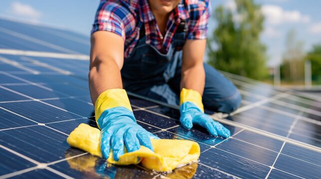 A person wearing gloves cleans solar panels with a yellow cloth to improve their efficiency.
