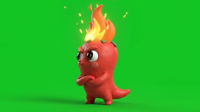 Angry Cartoon Chili Pepper Character on Fire, Green Screen