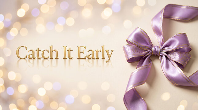 A purple satin ribbon bow with gold trim sits on a light background with lights with surface against background rests cream surface background soft out decorative purple with celebration