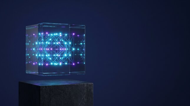 Glowing digital cube with interconnected light nodes floating above a stone pedestal against a dark blue background
