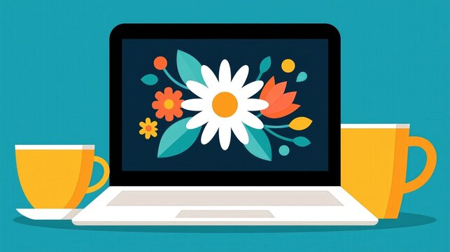 Laptop displaying floral art alongside cups of beverage.