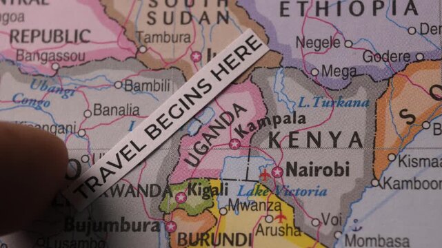 Travel Begins Here Text Tag on Africa Map Tourism Travel Concept