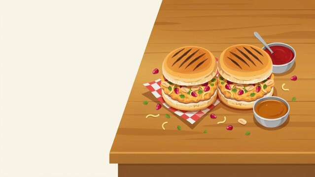 Delicious street food burgers served on a wooden table with dipping sauces