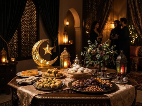 Traditional ramadan iftar table with sweets, dates, and lanterns